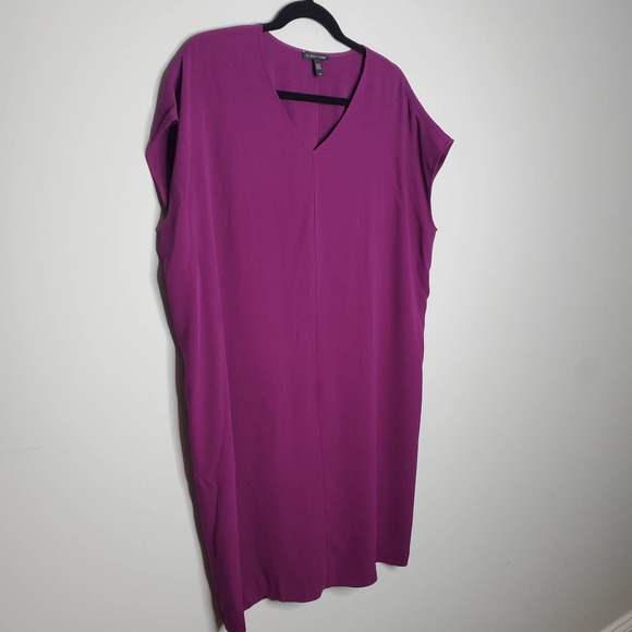 EILEEN FISHER Purple High V-Neck Cap Sleeve Tunic Silk Dress Sz S - Picture 2 of 6